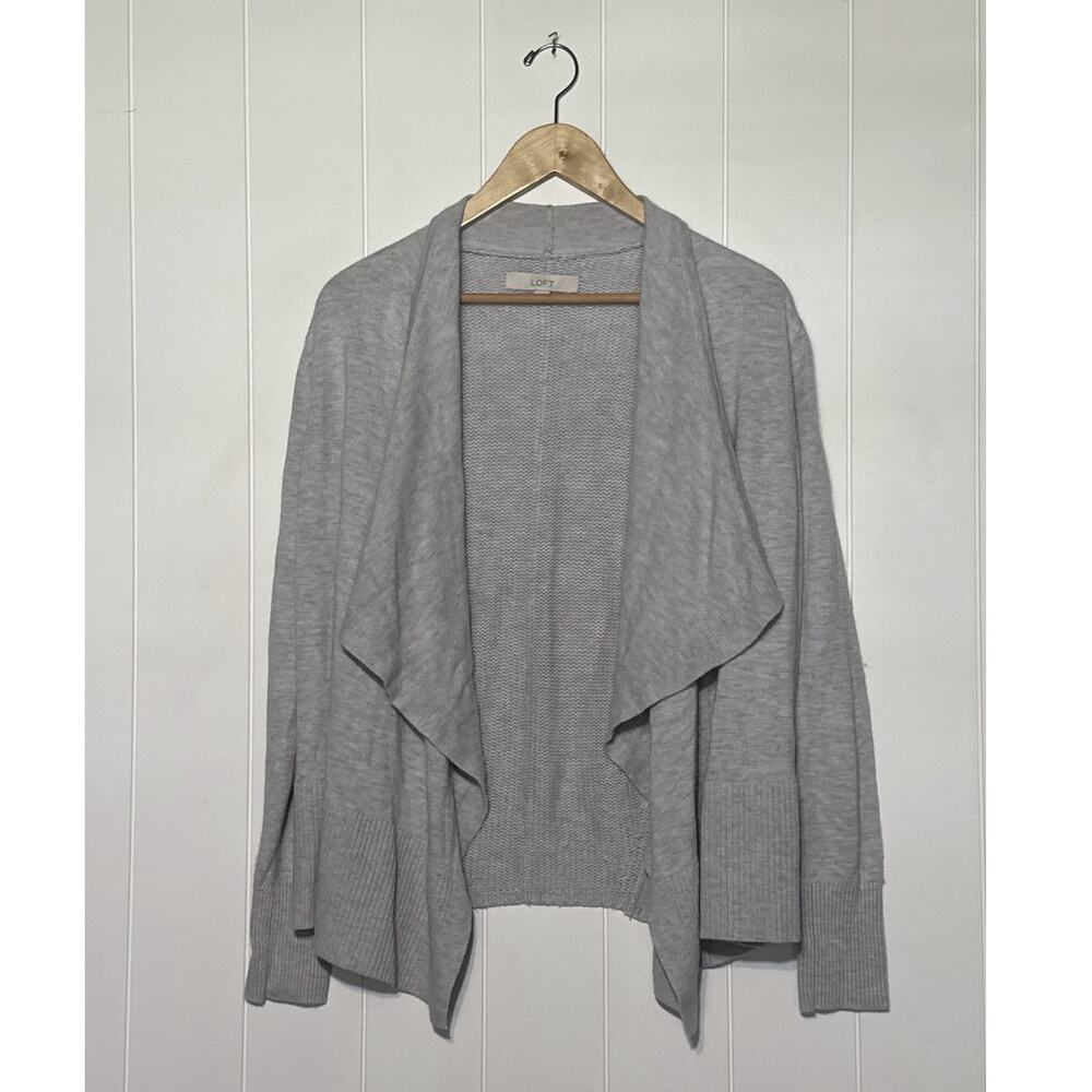 LOFT Cardigan Womens M Gray Merino Wool Cashmere Blend Open Front Sweater